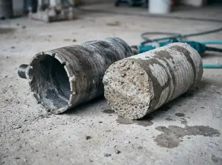 Couronne diamantée avec carotte extraite posée sur le sol